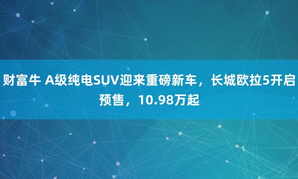 财富牛 A级纯电SUV迎来重磅新车，长城欧拉5开启预售，10.98万起
